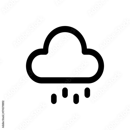 A simple black and white line drawing of a cloud with raindrops falling from it representing rainy weather