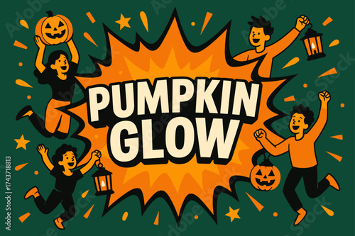 Pumpkin Party Extravaganza. PumpkinGlow banner, flat vector illustration, bold oversized text inside comic burst, cartoon characters jumping and dancing around