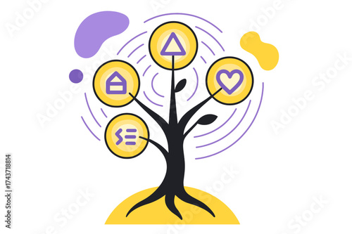 Glowing Symbolic Tree. Organic Flow. A tree growing with glowing leaves shaped like abstract symbols, circular waves floating around symbolizing balance.