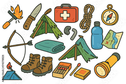 Survival Essentials Doodle. Survival. Colorful Hand-drawn doodle Children illustration Fire starter, knife, first aid kit, rope, shelter, compass, flint, water