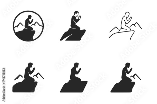 Spiritual Emblems in Nature. Prayer in nature. Set Logo of Spirituality: person on cliff praying. harmonious logo variations of the same emblematic concept,