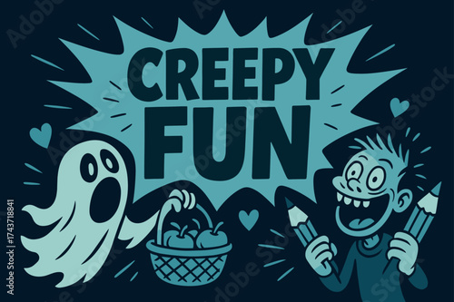 Creepy Fun Cartoon. Creepy Fun banner, flat vector illustration, bold oversized text inside comic burst, cartoon characters shouting and laughing, holding food
