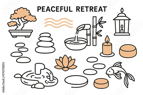 Zen Retreat Icons. Peaceful retreat. Hand-drawn doodle illustration peaceful retreat bonsai tree (accented), sand waves (accented), smooth stones (accented),