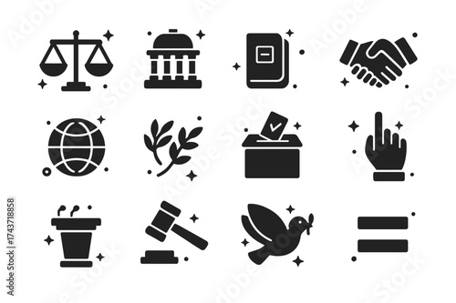Symbols of Justice. Balanced political systems symbols. Solid icons set of scales of justice, parliament building, constitution book, handshake, globe, olive