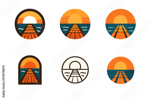 Sunset Beach Logos. Long summer days and sunsets. Set Logo of Long summer days and sunsets: Wooden boardwalk leading to a sunset beach. harmonious logo