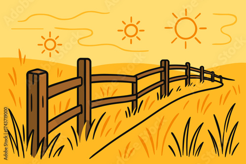 Abstract Sunlit Fence. Fence line. A rustic fence winding into the distance, glowing field grass around it with abstract sun shapes floating in the sky. Modern