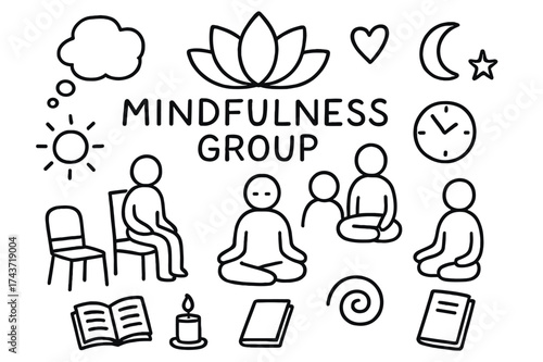 Mindfulness Group Doodles. Mindfulness group. Hand-drawn doodle illustration mindfulness group lotus flower, chair, people, heart, sun, moon, star, book,
