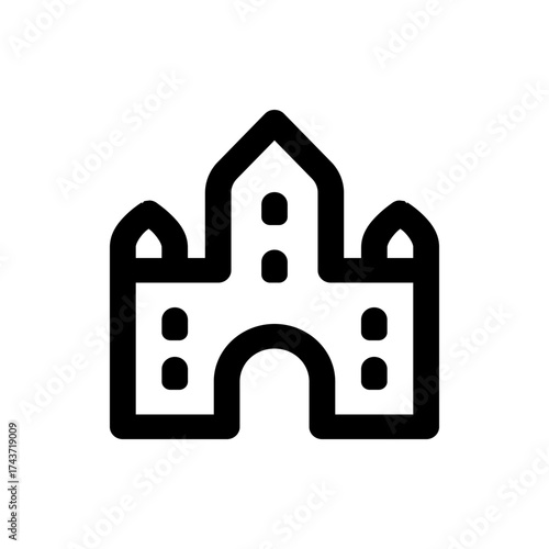 Illustration of a stylized castle with rounded features and an archway in a simple black outline design