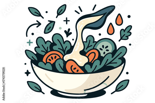 Colorful Salad Art. Salad with creamy dressing. Glowing creamy dressing drizzled over fresh vegetables, abstract floating herbs and droplets emphasizing flavor
