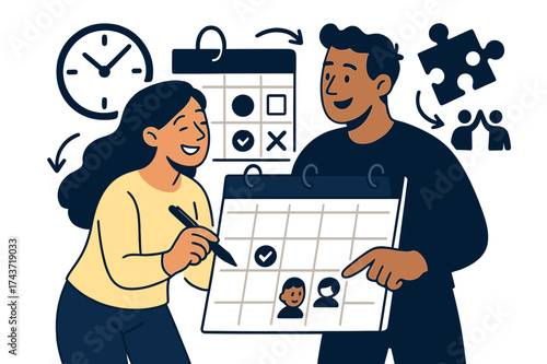 Collaborative Parenting Plan. Shared responsibilities. Parents glowing while planning child?s schedule together at a calendar. Floating clock, puzzle, and