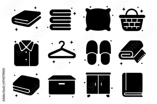 Neatness Icon Set. Neatness. Solid icons set of Neatness: folded sheet, stacked towels, pillow, basket, folded shirt, hanger, slippers, rug, blanket, box,