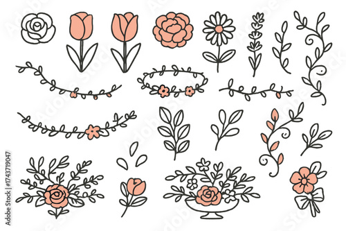 Floral Doodle Accents. Floral decor. Hand-drawn doodle illustration floral decor roses (accented), tulips (accented), peonies (accented), daisies, lavender