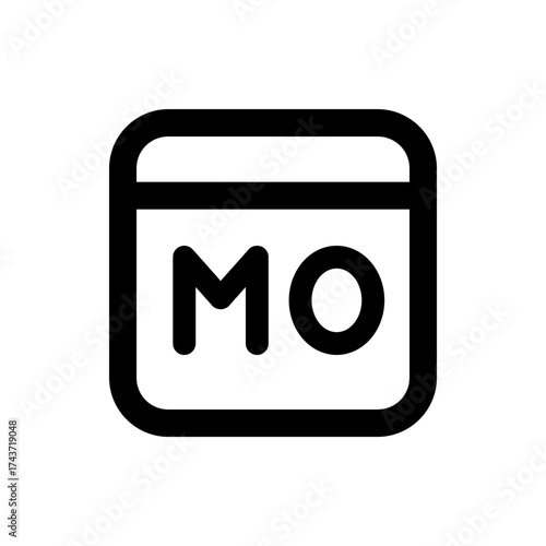 Black and white calendar icon displaying the abbreviation mo for monday on a white background design element