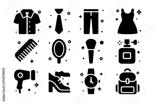 Getting Ready Icons. Getting Ready. Solid icons set of shirt, tie, pants, dress, comb, mirror, makeup brush, perfume bottle, hairdryer, shoes, watch, backpack.