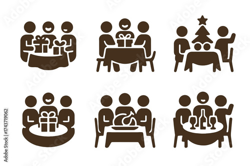 Festive Friends Gathering. A group of friends celebrating the holidays together with gifts and laughter. Set Logo of festive dinner table: Stylized detail,