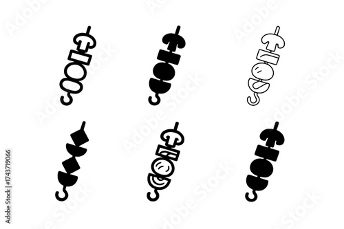 Skewer Logo Variations. Outdoor leisure (picnics, barbecues). Set Logo of skewers: stylized skewered vegetables and meat. harmonious logo variations of the