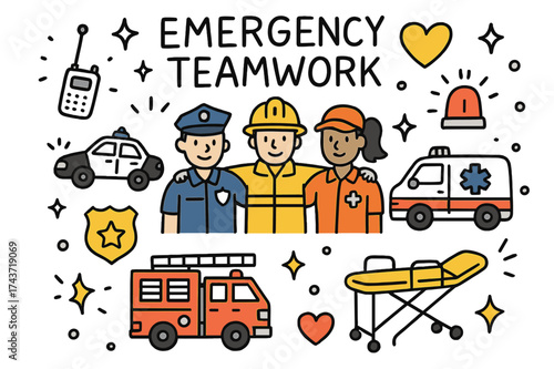Emergency Response Icons. Emergency Teamwork. Hand-drawn doodle illustration group of responders (colored), ambulance, firetruck (colored), police car,
