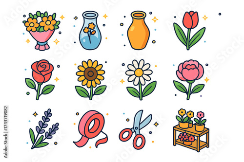 Flower Shop Icons. Flower Shop. Colorful isometric vector icons set of flower shop: bouquet, glass vase, ceramic vase, tulip, rose, sunflower, daisy, peony,