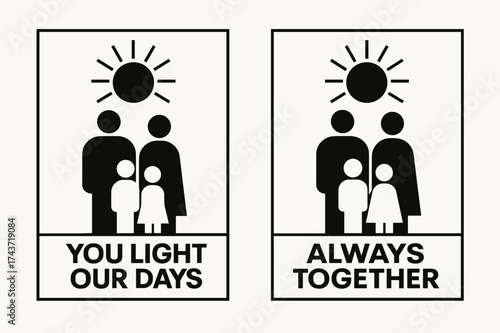 Family Banners Art. Family. Two vertical A6 banners with safe margins, centered composition, no elements touching edges, geometric, black and white, stylized