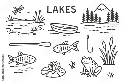 Lake Doodle Illustration. Lakes. Hand-drawn doodle illustration lakes calm water, small boat, canoe paddle, fishing hook, fish swimming, dragonfly hovering,