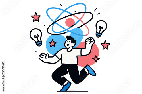 Joyful Creative Moment. Creative Spark. A person jumping with joy as glowing abstract shapes orbit above, lightbulbs and stars floating around symbolizing the