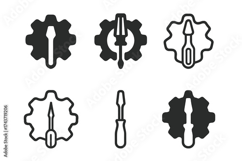 Diverse Screwdriver Logos. Equipment Assembly. Set Logo of Equipment Assembly: screwdriver. harmonious logo variations of the same emblematic concept, each