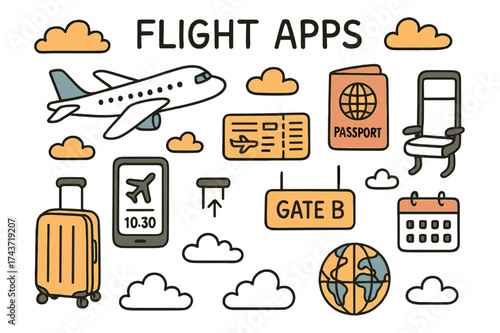 Travel Essentials Illustration. Flight Apps. Hand-drawn doodle illustration airplane (colored), boarding pass, passport (colored), smartphone with flight info,