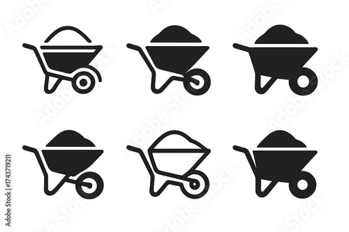 Cement Wheelbarrow Logos. Wheelbarrow with cement. Set Logo of wheel and handles: simplified barrow carrying heavy load. harmonious logo variations of the same