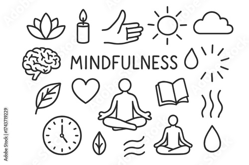 Mindfulness Doodle Symbols. Mindfulness. Hand-drawn doodle illustration mindfulness lotus flower, candle, sun, cloud, brain, hand, droplet, rays, leaf, heart,