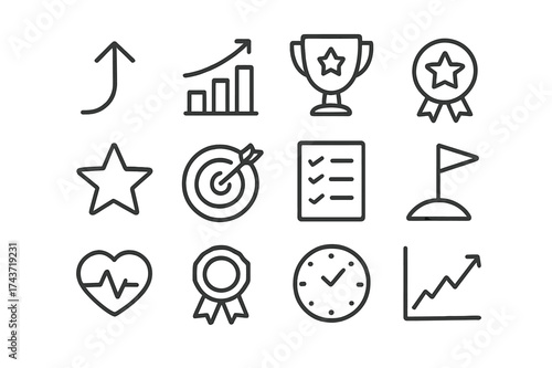 Motivation Icon Set. Motivation and Progress. Line icon set of Motivation and Progress: upward arrow, chart, trophy, medal, star, target, checklist, goal flag,