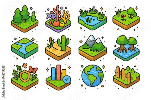 Ecosystem Icons Collection. Ecosystem Protection. Colorful isometric vector icons set of Ecosystem Protection: forest, coral reef, wetland, grassland, river