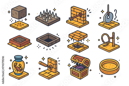 Colorful Trap Icons. Hidden traps. Colorful isometric vector icons set of hidden traps: falling stone block, spike floor, arrow trap, swinging blade, pressure