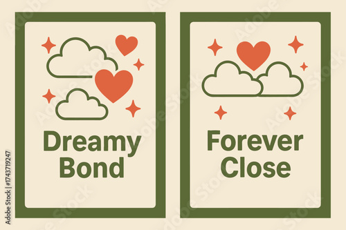 Playful Olive Banners. Affection. Two vertical A6 banners with safe margins, centered composition, no elements touching edges, memphis style, olive green and