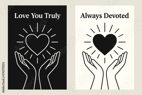 Devotion Banners. Devotion. Two vertical A6 banners, flat vector design, black and white backgrounds, hands offering a glowing heart with subtle rays, first