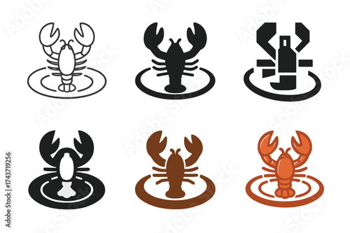 Seafood Logo Designs. A Chef Preparing a Delicate Seafood Dish. Set Logo of Seafood Dish: lobster on plate. harmonious logo variations of the same emblematic