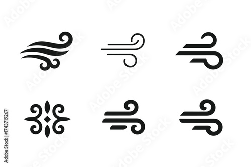 Harmonious Wind Flow Logos. Letting go of stress from the day. Set Logo of wind flow: stylized breeze lines moving freely. harmonious logo variations of the