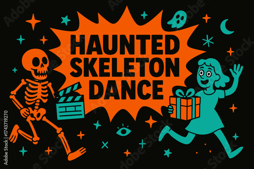 Haunted Skeleton Dance. Haunted Skeleton Dance banner, flat vector illustration, bold oversized text inside splash explosion, cartoon characters running and