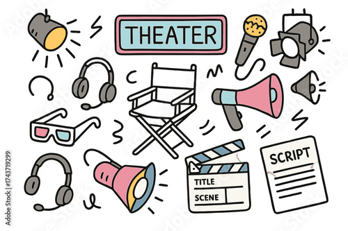 Theater Essentials Doodle. Modern Theater. Hand-drawn doodle illustration spotlight (colored), neon sign, microphone (colored), director chair, 3D glasses