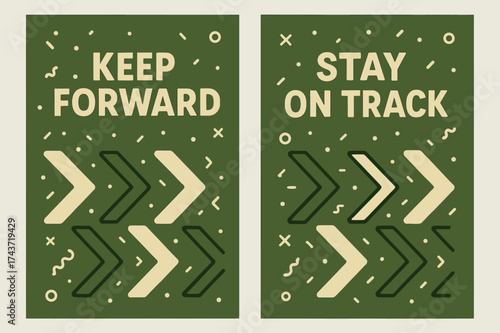 Motivational Memphis Banners. Inspiration. Two vertical A6 banners with safe margins, centered composition, no elements touching edges, memphis style, olive