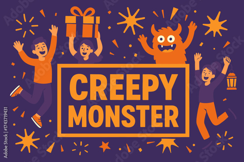 Creepy Monster Celebration. CreepyMonster banner, flat vector illustration, bold oversized text inside rectangular frame, cartoon characters jumping and