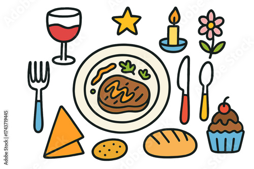 Whimsical Fine Dining. Fine Dining. Colorful Hand-drawn doodle Children illustration plate, wine glass, fork, knife, spoon, steak, sauce drizzle, garnish,