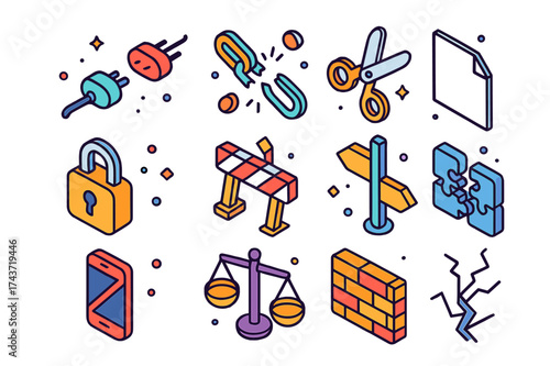 Colorful Disconnection Icons. Disconnection. Colorful isometric vector icons set of disconnection: unplugged cable, broken chain, scissors, cut paper, lock,