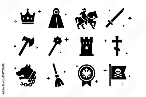 Oprichnina Icon Set. Oprichnina. Solid icons set of Oprichnina: tsar crown, black cloak, horse rider, sword, axe, spiked mace, fortress tower, Orthodox cross,