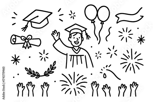 Graduation Doodle Celebration. Graduation celebration. Hand-drawn doodle illustration celebrating a graduation with a cap toss mortarboard in flight, diploma
