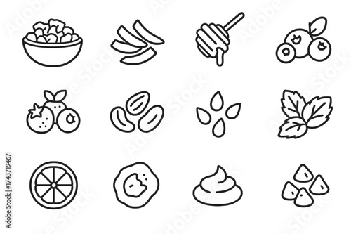 Smoothie Bowl Toppings Icons. Toppings for Smoothie Bowls. Line icon set of Toppings for Smoothie Bowls: granola, coconut flakes, cacao nibs, honey drizzle,