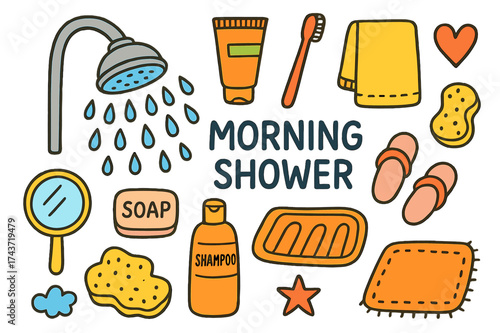 Morning Shower Doodles. Morning Shower. Colorful Hand-drawn doodle Children illustration shower head, water droplets, toothbrush, toothpaste, towel, slippers,