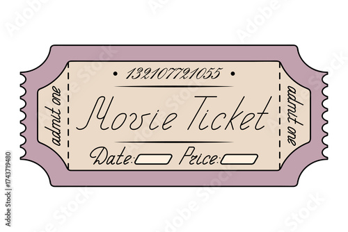 Movie. Pink ticket admit one. Date and price are indicated. Handwritten lettering with a capital letter. Color vector illustration. Tear-off ticket with a number. Isolated on white background. Cartoon