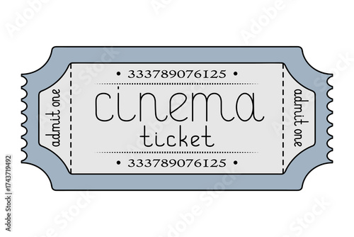 Cinema. Blue ticket admit one. Handwritten lettering in lowercase letters. Color vector illustration. Tear-off ticket with number. Isolated on white background. Cartoon. Idea for web design.