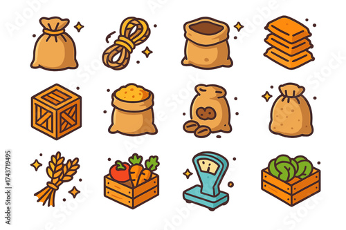 Colorful Packaging Icons. Packaging and transport. Colorful isometric vector icons set of packaging and transport: burlap sack, tied rope, open sack, stacked