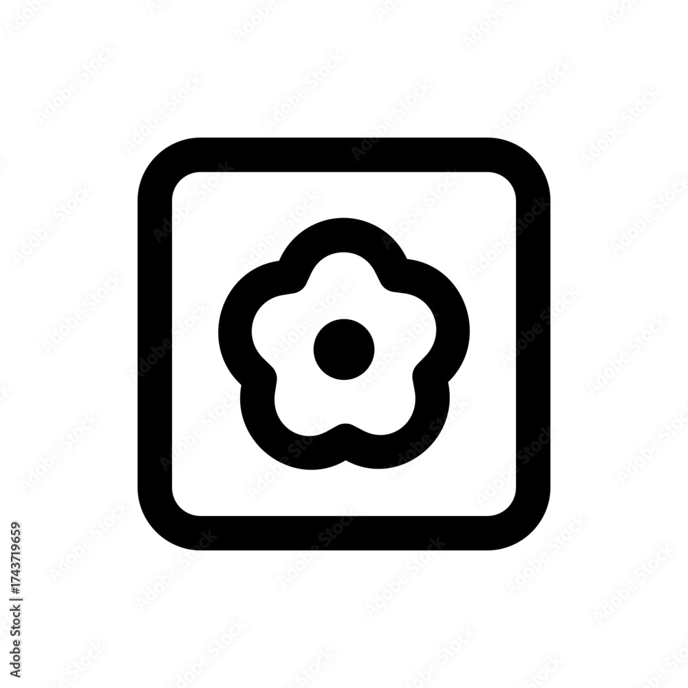 Naklejka premium Black and white flower icon inside a rounded square frame with a simple and minimalist design style present